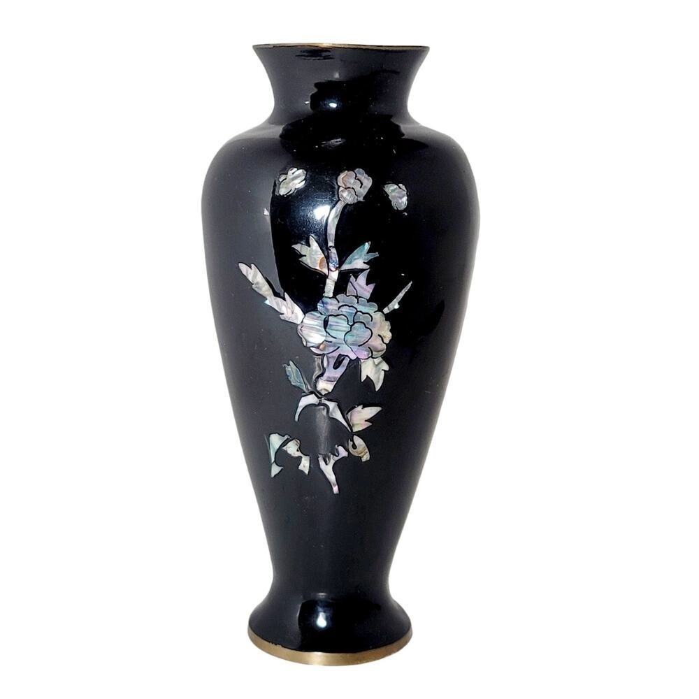 Vtg Asian Japanese Baluster Vase Black Lacquer & Mother of Pearl Floral Inlay 7"